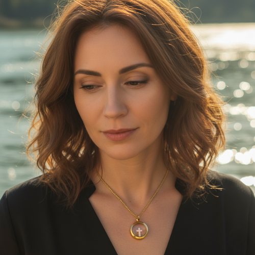 Woman with a gold necklace featuring a cross pendant by a body of water.