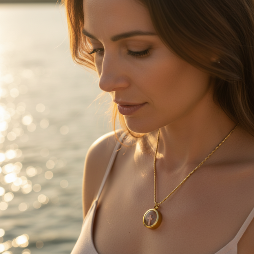 Woman wearing a gold necklace with a pendant by the water